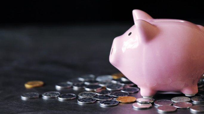 粉色小猪存钱罐和硬币钢镚零钱货币理财