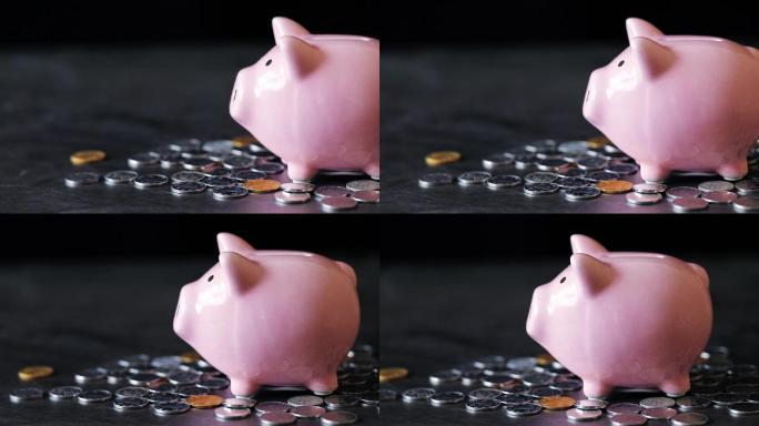 粉色小猪存钱罐和硬币钢镚零钱货币理财