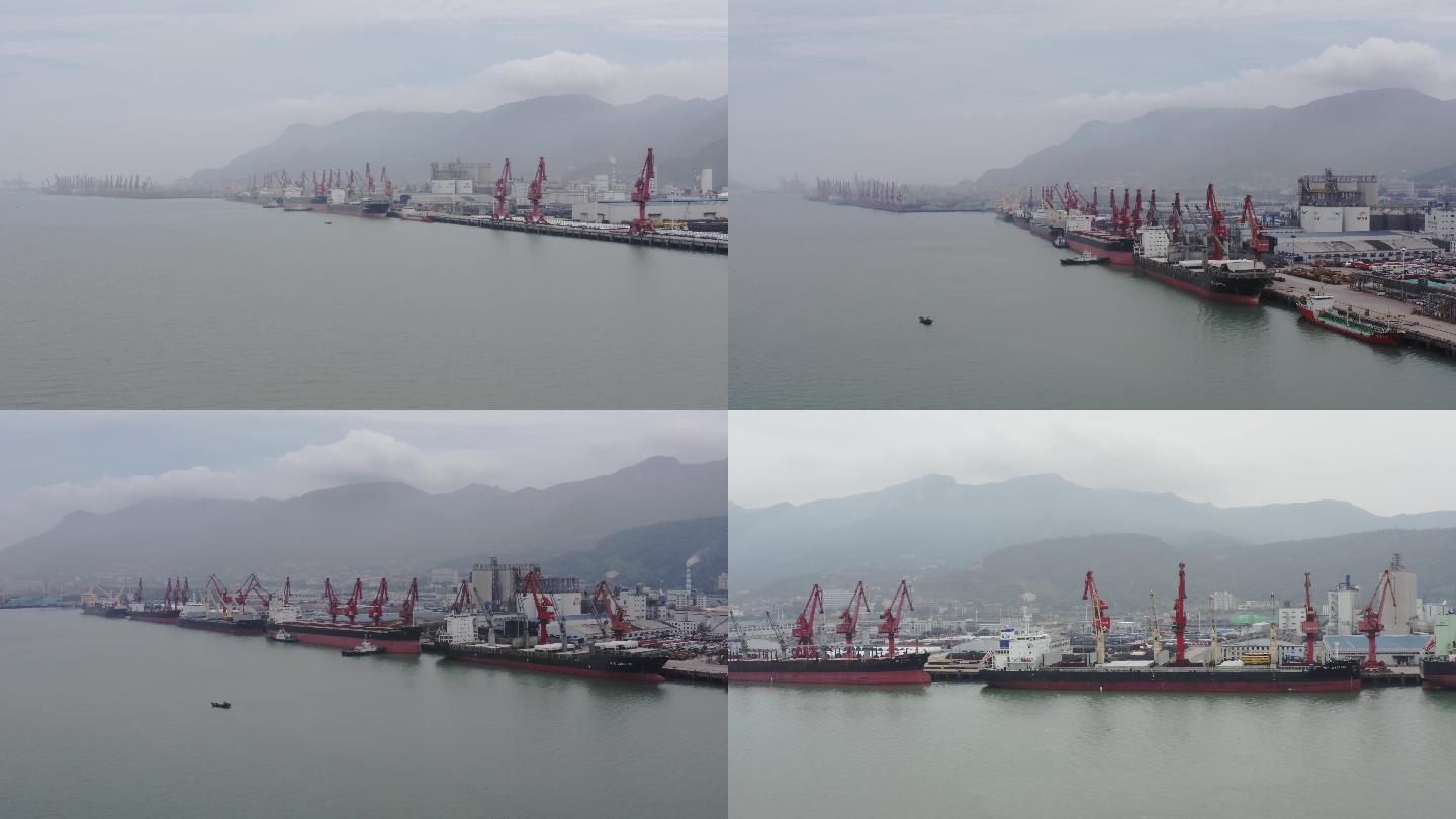 4K航拍江苏省连云港市货运码头塔吊轮船地