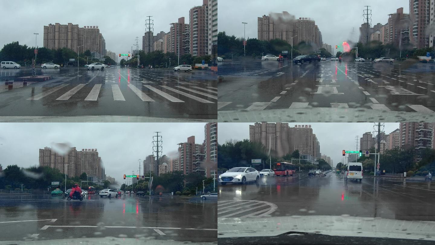 下雨天十字路口等待红绿灯、开车延时