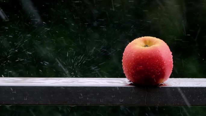 空镜苹果在风中被雨水敲打