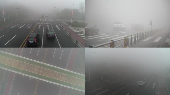 雾大雾交通车流航拍延时城市