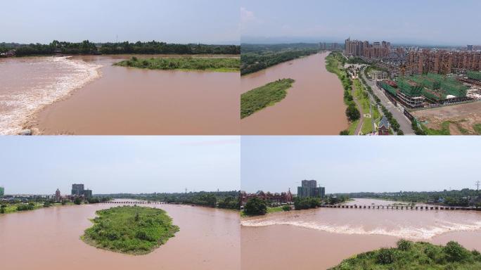 邛崃南河下雨洪水航拍4k