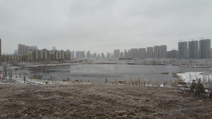 南溪湿地公园池塘雪景航拍