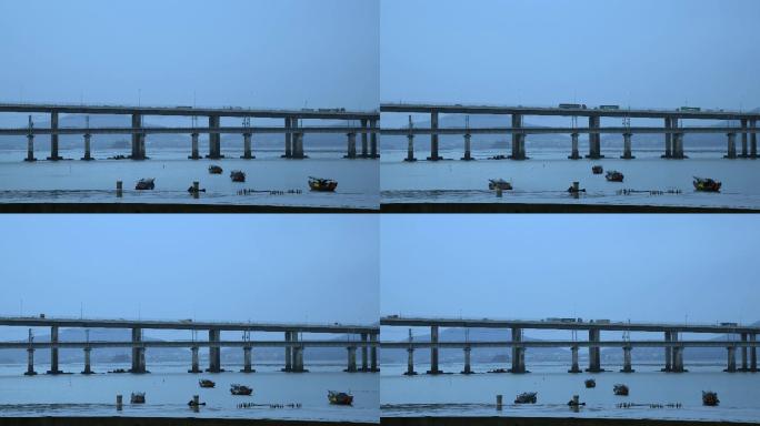 渔船渔港跨海大桥冷色调4K延时