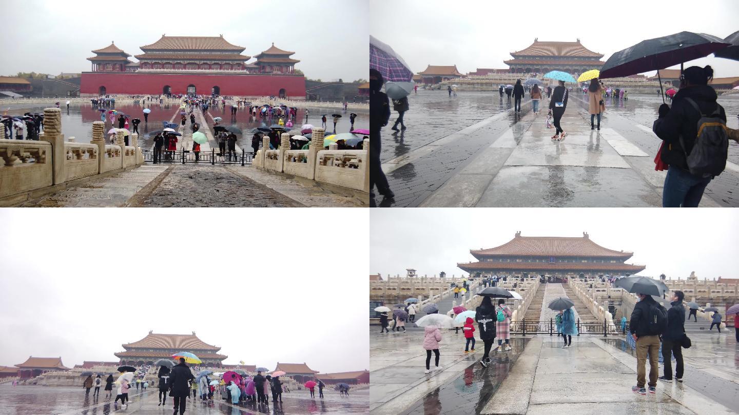 故宫-雨-拥挤人群-打伞游客4k