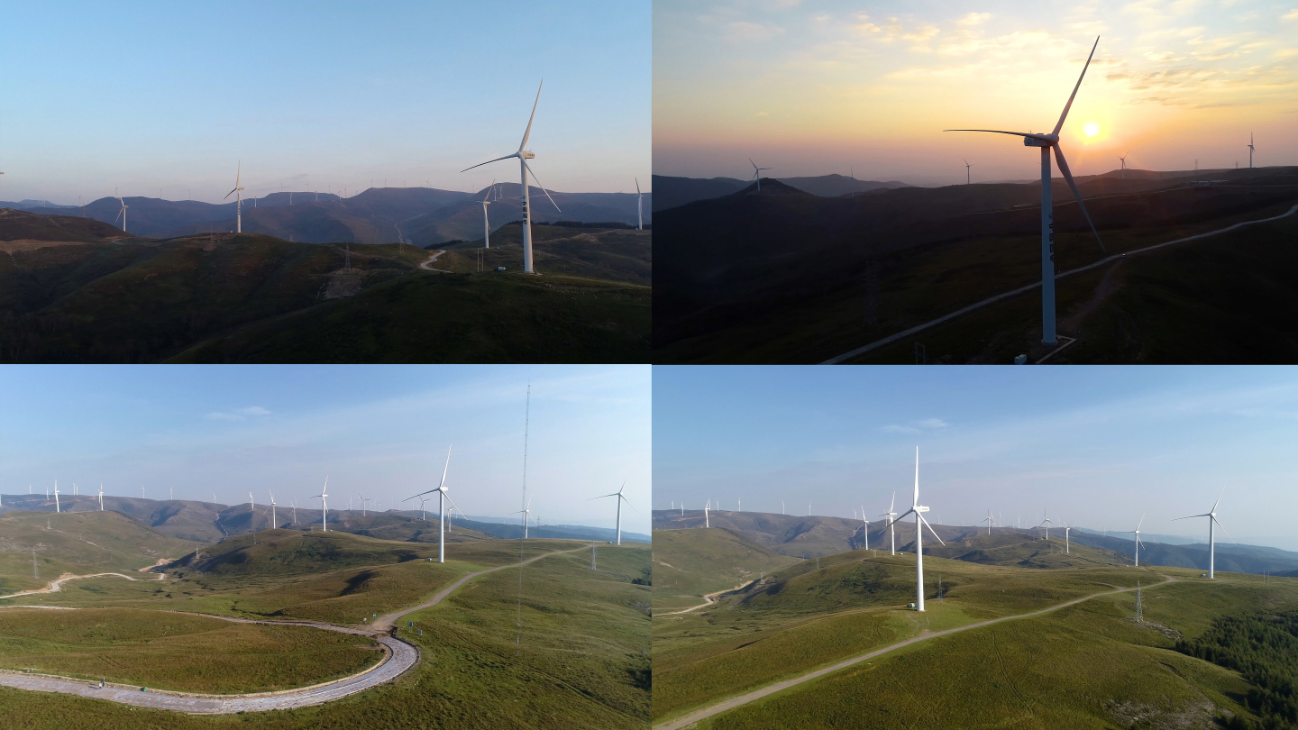 山坡上的清洁能源风力发电机组4K超清航拍