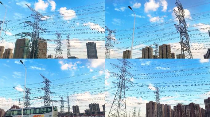 车上看城市上空的蓝天白云电力设施电线电网