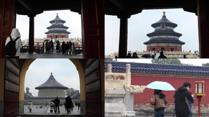 北京天坛，下雪打伞，游客，戴口罩