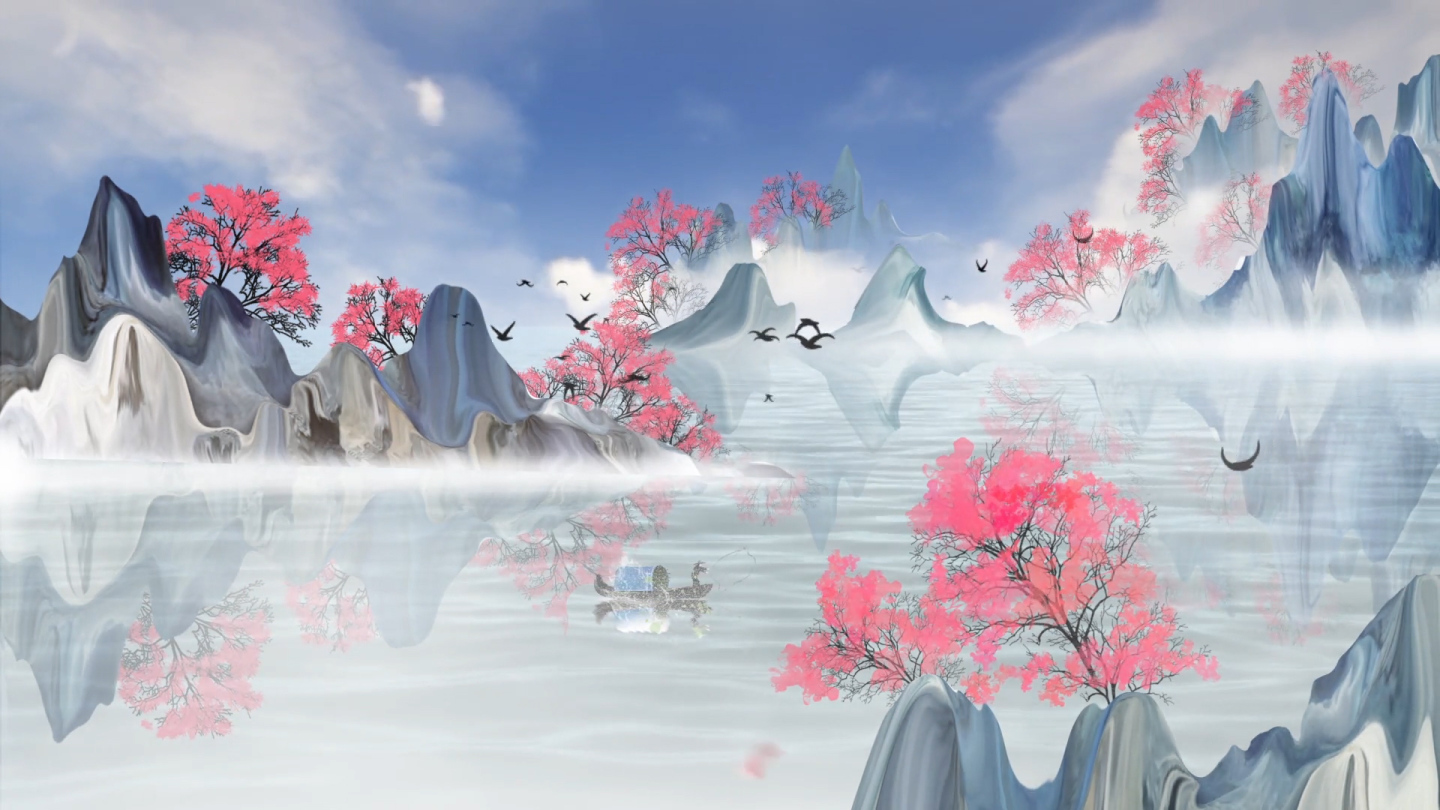 蓝色天空水墨中国风山水意境LED背景视频
