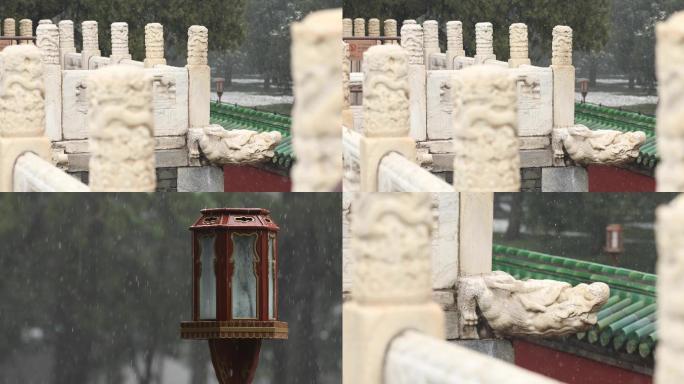 深秋大雪，古建筑雪景，龙螭首，特写4k