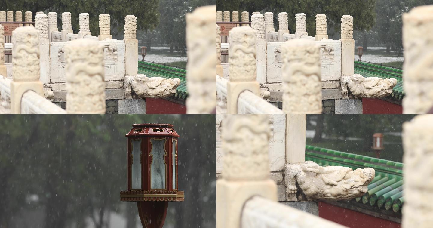 深秋大雪，古建筑雪景，龙螭首，特写4k