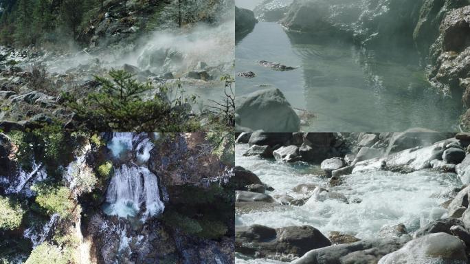 4k高原川藏温泉水流森林