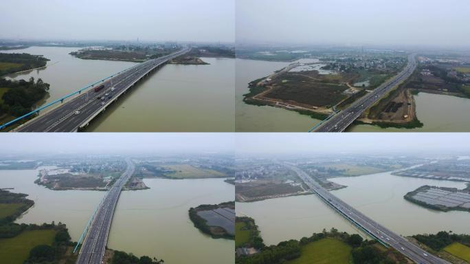 4K航拍国道公路大桥、稻田、河流