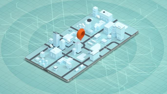 手机上的3D城市与定位标记3D渲染