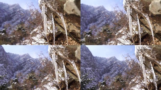 4K寒冷冬季时冰锥做前景的雪山-贺兰山