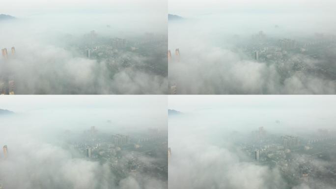 河南省信阳市城市天际线平流雾4K风光航拍