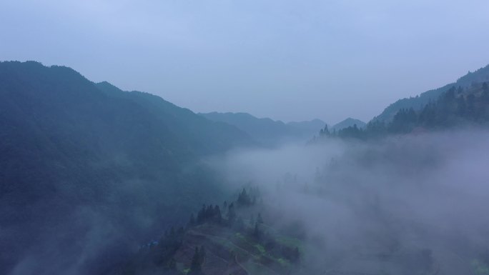 贵州大山苗寨清晨田地农民航拍4K