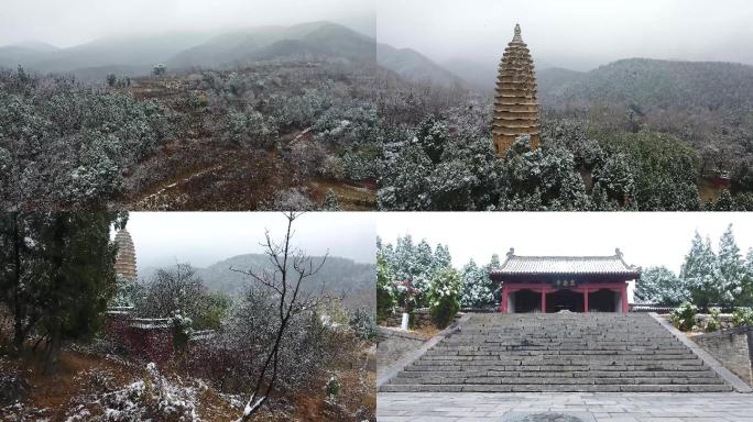 河南登封北魏嵩岳寺塔冬雪天航拍（4K)