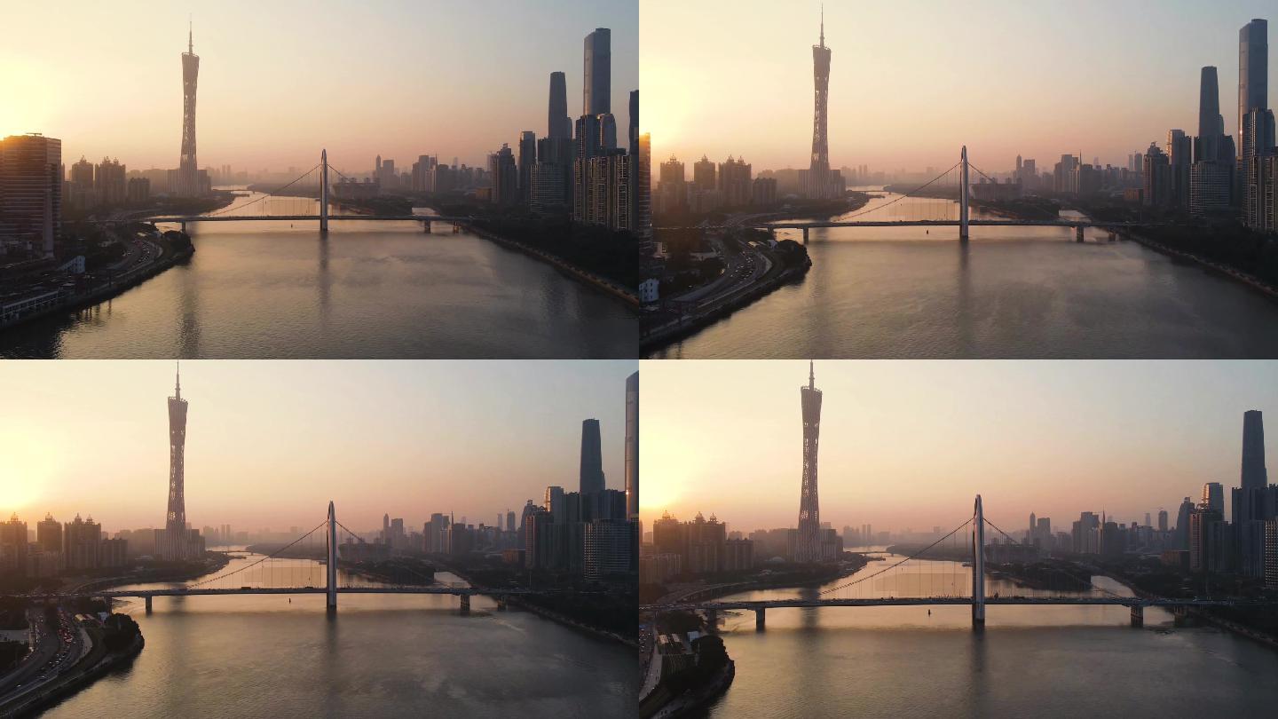 夕阳下的广州塔猎德桥延时拍摄