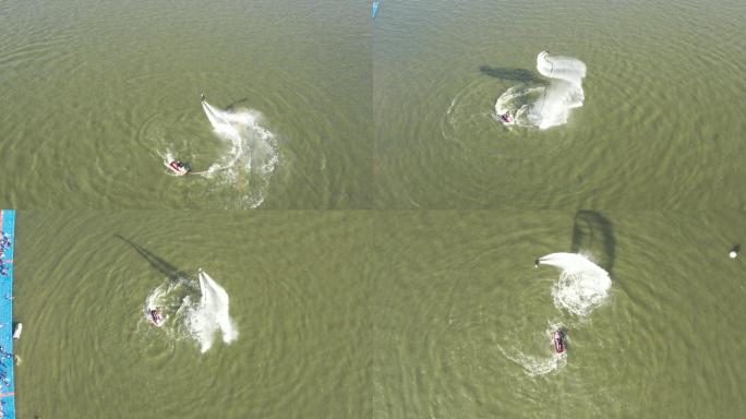 航拍坐式摩托艇水上飞人表演竞赛