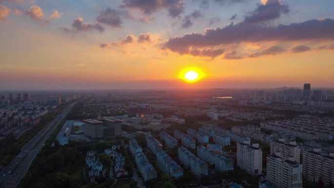 上海松江高速日落航拍延时