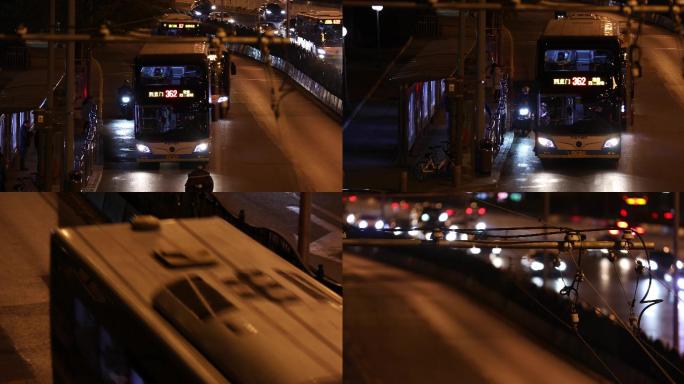 夜晚公交车，都市北京，深夜夜景