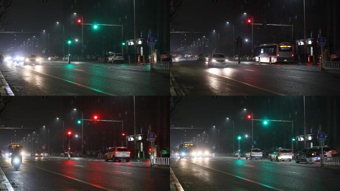 高清实拍红绿灯晚高峰繁华都市公交车