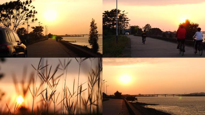 傍晚江边河边的夕阳景色4k视频素材