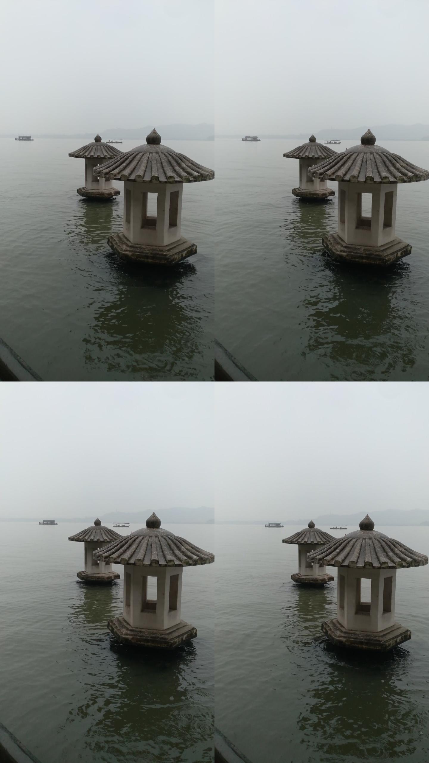 浙江杭州西湖旅游景区三潭印月下雨场景