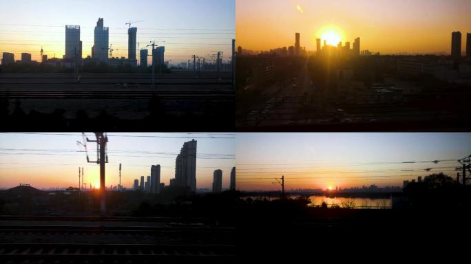 高铁火车窗外夕阳风景