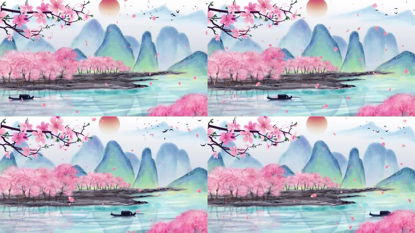 水墨桃花青山中国风背景