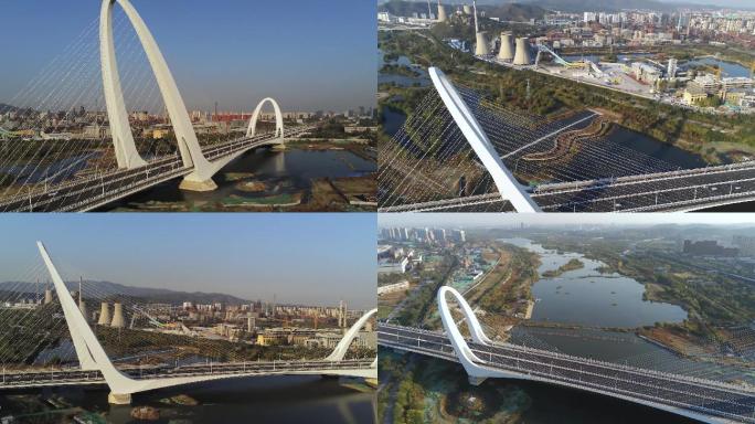 航拍北京桥下有水的新首钢大桥.长安街西延