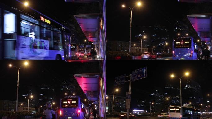 月夜街景-夜晚末班车北京公交车-公交站台