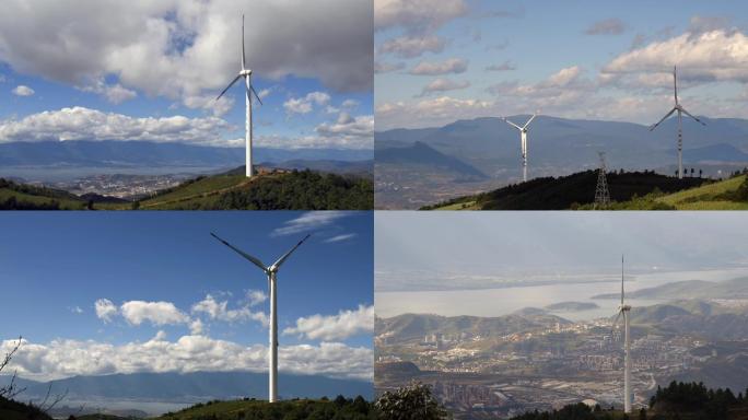 高山风力发电在蓝天白云背景的延时视频素材