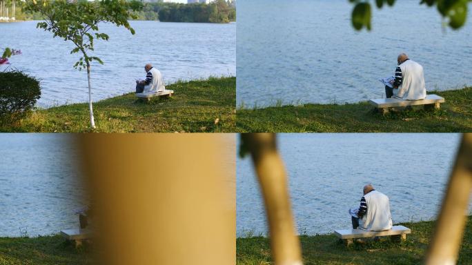 公园湖边看报纸老爷爷4k视频素材