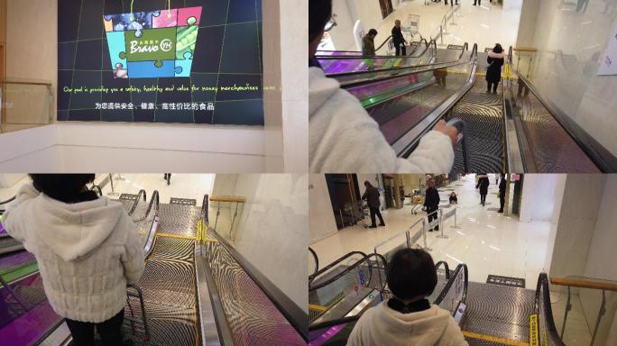 大妈拎手推车乘坐电梯到永辉超市购物消费