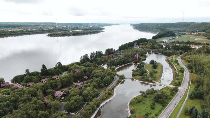 黑龙江黑河中俄边境旅游城市航拍