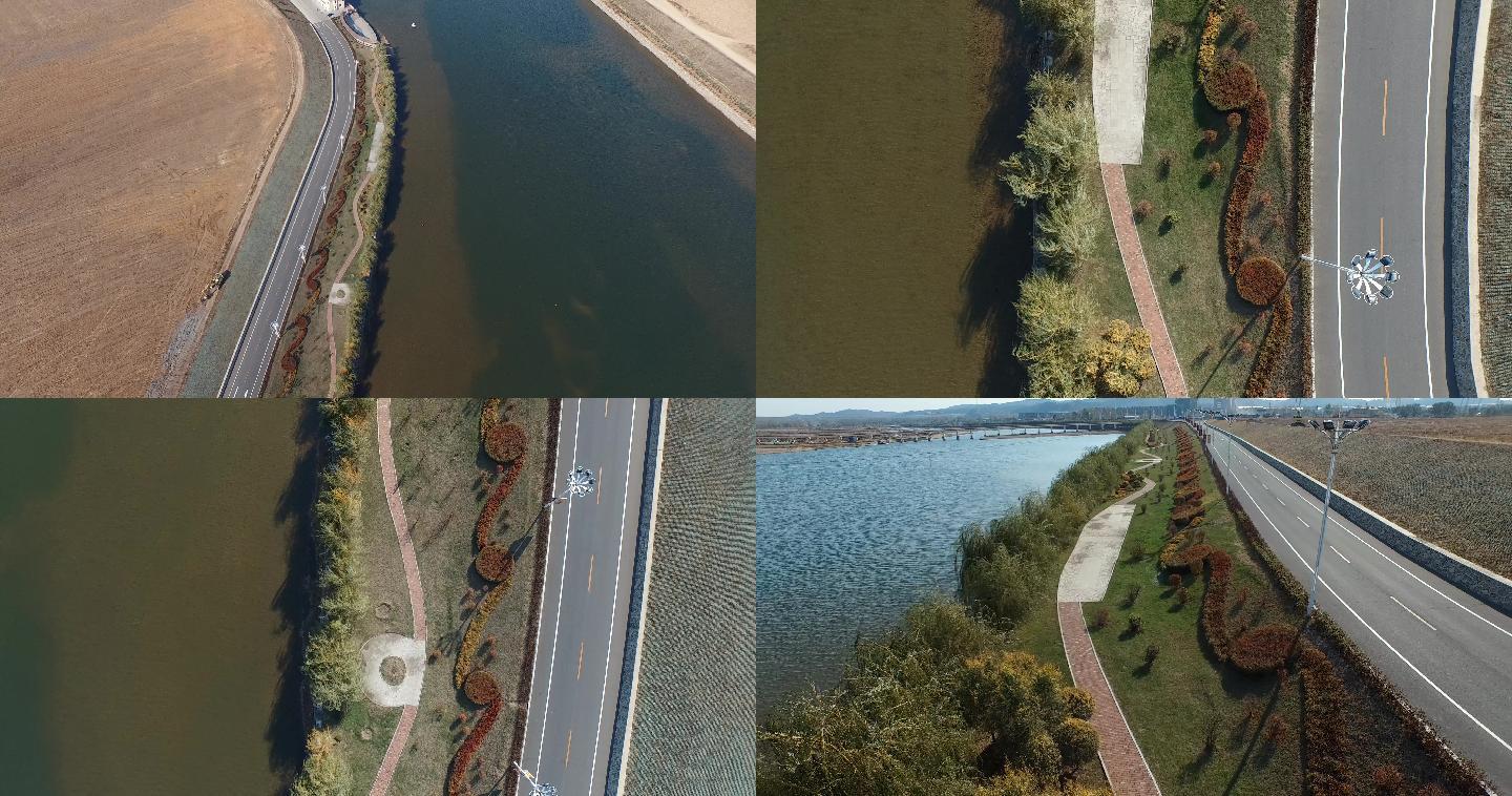 河边绿化航拍4K河流公路绿化带