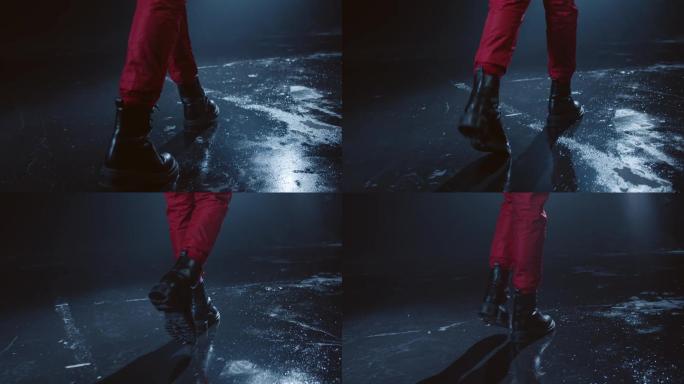 【2K】女生穿长靴子在黑色地面走路