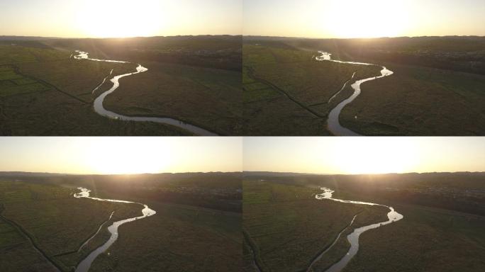 航拍4k落日河流水源夕阳西下