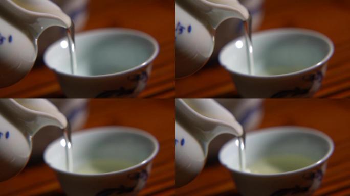 倒茶喝茶青花瓷茶具朦胧品茶意境功夫茶
