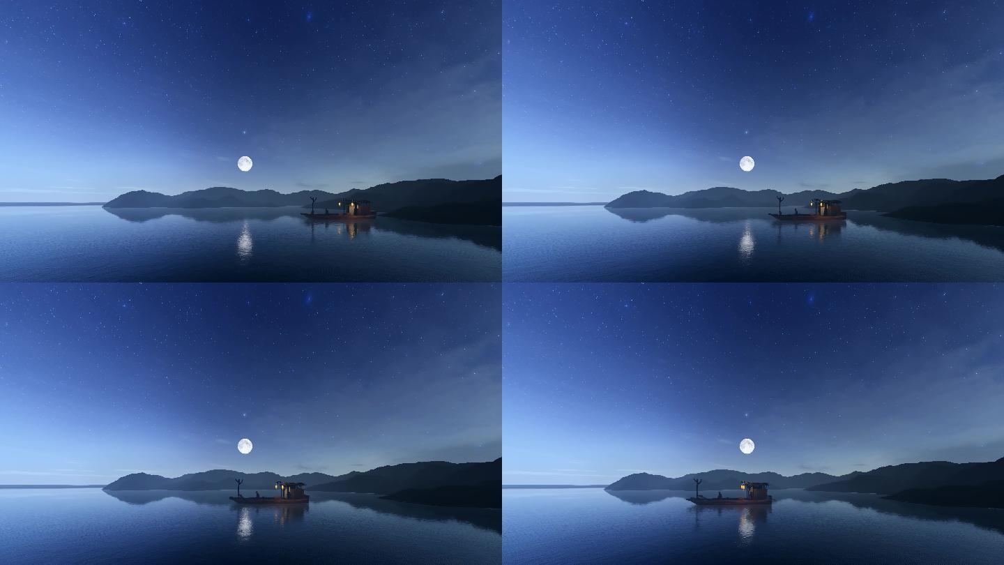 明月倒影古船远航唯美背景4k