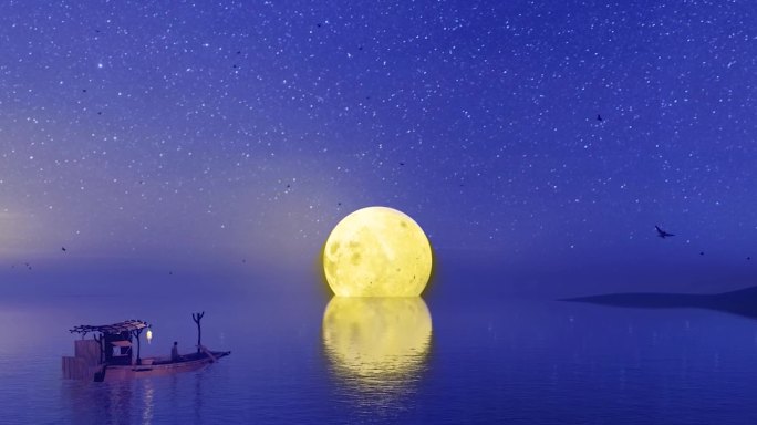 月亮升起船远航背景超宽屏4k