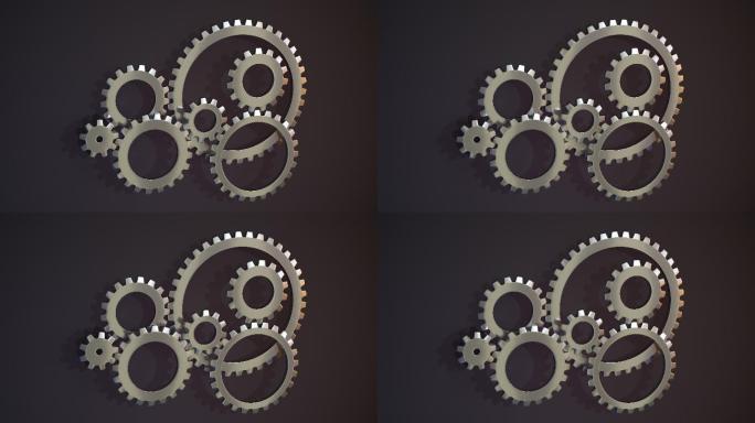 金属齿轮传动与深色背景3D渲染