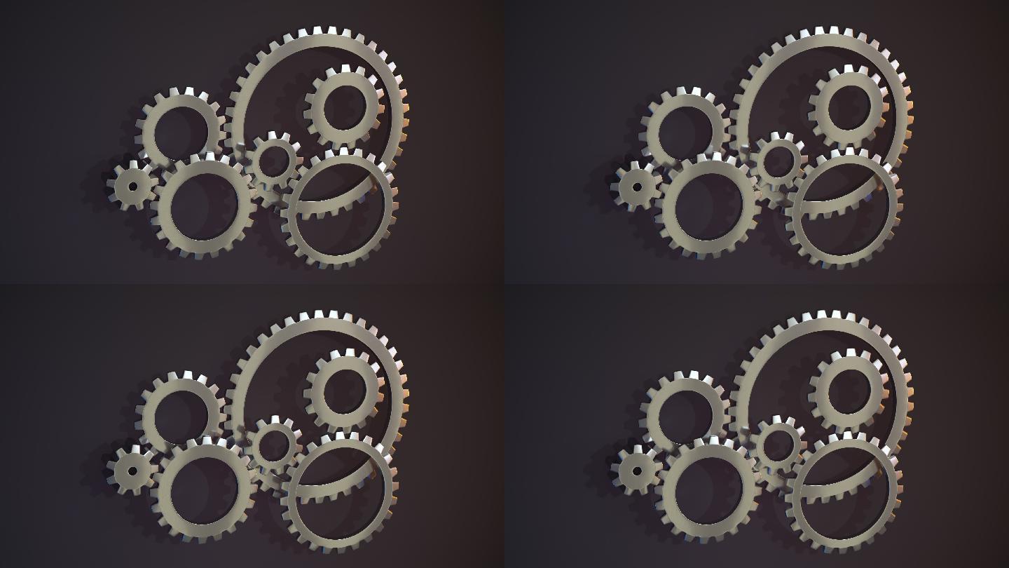 金属齿轮传动与深色背景3D渲染