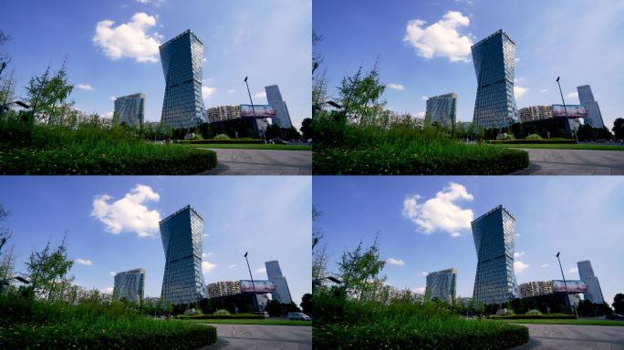 4K实拍成都地标建筑四川卫视大楼蓝天白云