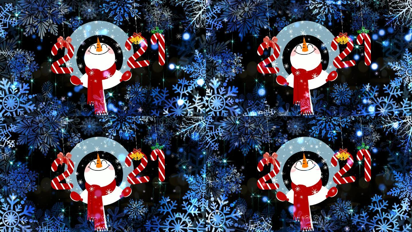 蓝色雪花雪人2021圣诞节背景视频
