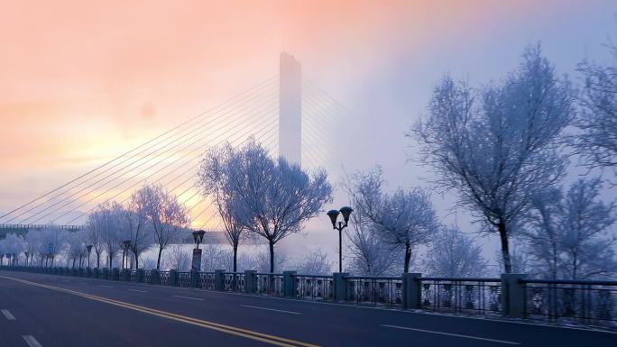 大桥日出雾凇大气漂亮美丽风景
