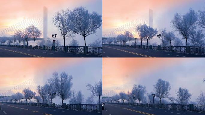 大桥日出雾凇大气漂亮美丽风景